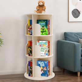 Sprinta 3-Tier Rotating Kids Bookshelf – 360° Spinning Solid-Wood Toddler Bookcase Tower, 12 Cubbies, 18″ Round Lazy-Susan Organizer for Nursery & Playroom, Natural Finish