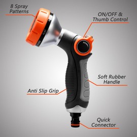 Garden Hose Nozzle, High Pressure Hose Sprayer with 8 Adjustable Watering Patterns, Thumb Flow Control, Heavy Duty for Plants, Lawn Care, Floor Cleaning, Cars & Pets (Metal Spray Plate)