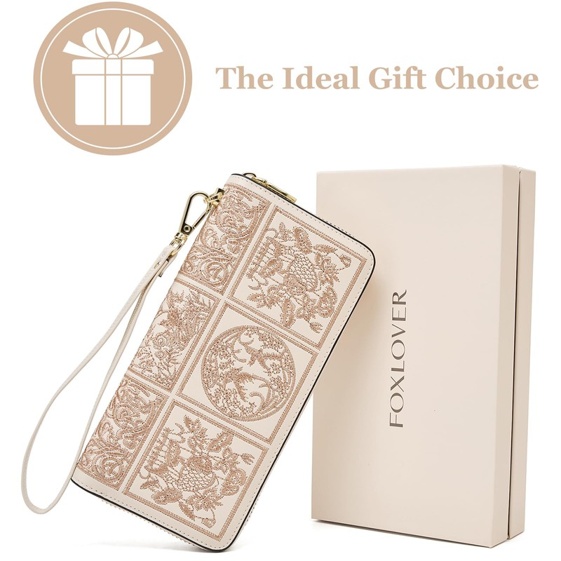 FOXLOVER Leather Wallets for Women RFID Blocking Zipper Wristlet Clutch