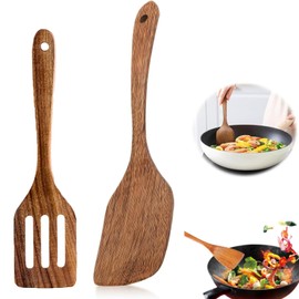 Pack of 2 Wooden Cooking Spoons and Spatulas - Dishwasher Safe, Wooden Spatula and Spatula for Your Kitchen