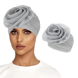 Bohend Big Flower Glitter Pleated Headwrap Cap Pearl Pre Tied Turbans Beanie Knotted Bonnet Stretch Headscarf Hat Women (2)