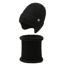 XIFUHUI Winter Men's Fleece Hat Scarf Set, Winter Wool Liner Warm Suit, Knitted Thick Fleece Lining Warm Neck Protection, black