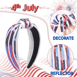 4th of July Headband for Women Girls Fourth of July Knotted Headband Red White and Blue Sequin Patriotic Hairband Sparkly American Flag USA Independence Day Head Band Hair Accessories Gifts