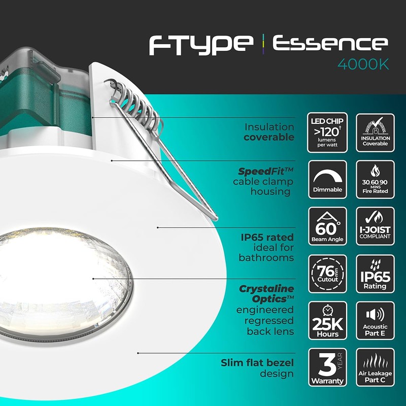 Luceco FType Essence Dimmable Flat Downlight, 5 Watts, IP65 Rated,