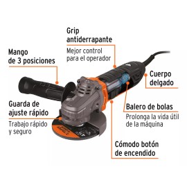 Truper Esmeriladora Angular 4-1/2'', Ergo-pro, 750w, Truper 13931 Color Naranja