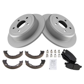 TRQ Rear Brake Pad & Rotor Kit Brake Pads Brake Rotor Parking Brake Shoe Set Ceramic Premium G-Coated Compatible with 2007 Jeep Wrangler