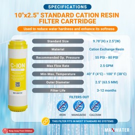 Max Water 10" x 2.5" Cation Resin Water Softener Cartridge, Compatible with AF-10-3003, WS-10, UDF-10C100E, 155319-43 & All 10 Inch Standard Whole House Water Filter Systems (1 Pack)