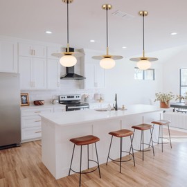 BYOLIIMA Modern Globe Pendant Lighting Milky White Glass Shade Brass Gold Farmhouse Pendant Light 11.81" Dome Industrial Mid Century Hanging Ceiling Light Fixture Kitchen Island Dinning Room Bedroom