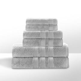 One Thousand Reasons Zero Twist Bathroom Towel Set - Luxury Bath Towel Sets for Bathroom, Hands, and Washcloths - Quick Dry and Absorbent - 6 Pieces, 3 Stripe, Stone