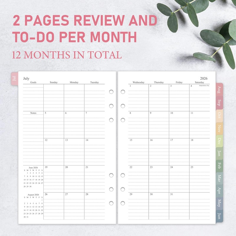 2026-2027 Weekly & Monthly Planner Refill for 6 Hole, 5.5"x8.5"
