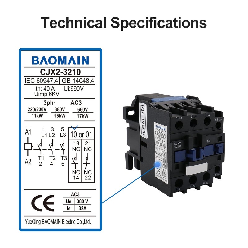 Baomain 3-Pole DC Contactor CJX2-3210 – 24VDC Coil, 3NO+1NO Auxiliary,