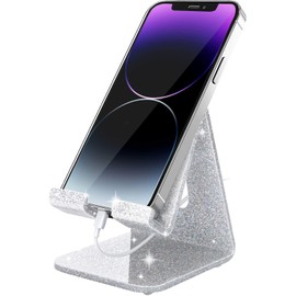 Crpich Acrylic Cell Phone Stand, Portable Phone Holder, Phone Stand for Desk, Compatible with Phone15 14 13 12 Pro Max Mini 11 Xr Plus SE, Switch, Android Smartphone, Pad, Tablet, Glitter Silver