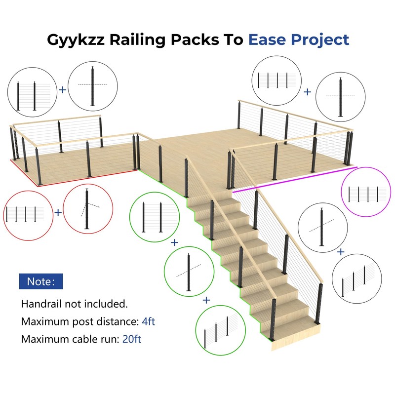 Gyykzz One-Stop Cable Railing Post Kit, 2Pack Level Drilled Line