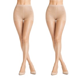 PIOGOWE 2Pack Sheer Tights for Women, 20D Legs, 40D Reinforced Top, Run-Resistant Knit, High-Stretch Waist, Reinforced Toes