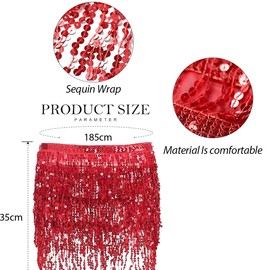 LuckyMoon Belly Dance Skirt Hip Scarf, Sequin Tassel Belly Dancing Skirt Dance Hip Belt Latin Dance Hula Hip Scarf Red