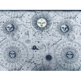 Zodiac Print Fabric Sky Stars Galaxy Space Astrology Horoscope Sun Moon Celestial Curtains Upholstery Dress Material 140cm Wide - Grey (Per Metre)