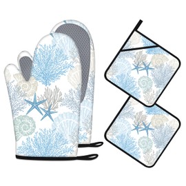 Coastal Oven Mitts and Pot Holders Sets of 4 Nautical Kitchen Decor Starfish Seashell Beach Ocean Themed Kitchen Mitts Potholders Silicone Heat Resistant Oven Gloves Hot Pads for Baking BBQ Grilling