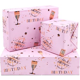 ADQUATOR Birthady Wrapping Paper Sheets, 50cm*70cm Rose Gold and Pink Happy Birthday Wrapping Paper for Birthday Gift Wrap,for Girl,Women and Ladies(5sheets)