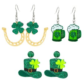 3 Pairs St. Patrick's Day Earrings Green Acrylic Earrings Green Clover Stud Earrings Irish Dangle Earrings for Women Holiday Accessories(Beer,Hat,Horseshoe Style)