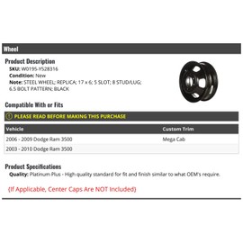 Marketplace Auto Parts - Steel Wheel - Black - 17 x 6 Inch - 5 Slot - 8 Lug - 6.5 Bolt Pattern - Compatible with 2003-2010 Dodge Ram 3500
