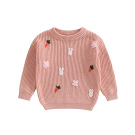 Geagodelia Girl Easter Baby Toddler Spring Knit Sweater Carrot Bunny Flower Warm Long Sleeve Pullovers Outfit Clothes Tops (Pink, 9-12 Months)