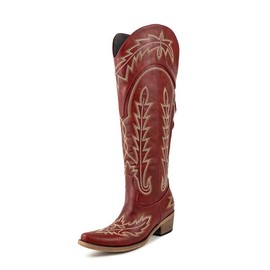 Atuelang Red Cowboy Boots for Women Knee High Wide Calf Cowgirl Boots Embroidered Pointed Toe Block Heel Pull-On Lace Up Adjustable Fancy Tall Western Boot Red Size 9