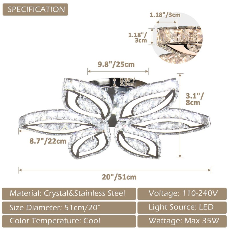 CLAIRDAI 20" Modern Crystal Chandelier, Flower Led Chandelier with K9