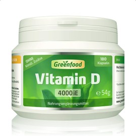 Greenfood Vitamin D3, 4000 IU, high dose, 180 capsules - good for bones, teeth and immune system. No artificial additives. No genetic engineering.