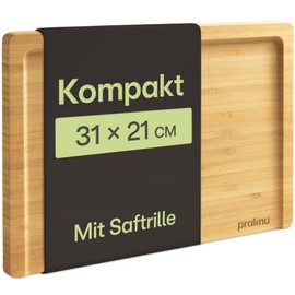Praknu Wooden Chopping Board - Compact 31.5 x 21.5 cm - With Juice Groove & Flat Side - FSC® Bamboo Kitchen Board for Vegetables, Meat & Serving - Space Saving & Practical