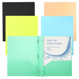 NAFY 3 Prong Plastic folders Project Folders with 2 Pockets,Plastic File Folders 5 Packs 5 Colors with 3 Fasteners A4 Letter Size Project Organizer for Office School Waterproof Folder (C)