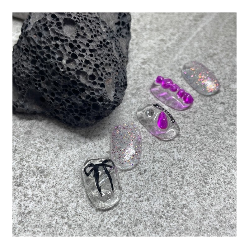 ˡᴬᴺᵀᶤˡ [Swa Stone] Magenta Ribbon Handmade Nail Tip - Short