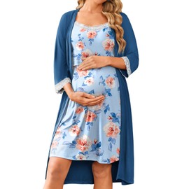 Ekouaer Women Lace Maternity Nursing Gown and 3/4 Sleeve Robe Set Double Layer Breastfeeding Nightgown Slip Dress & Bathrobe Dark Blue Floral S