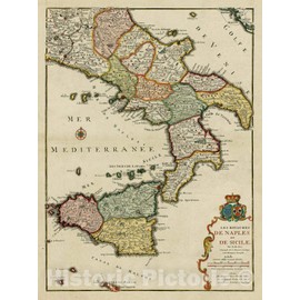Historic Map - Les Royaumes De Naples et De Sicile/Danet's edtion of Nicolas De Fer's Map of Sicily, Southern Italy and Malta, 1738, Nicolas de Fer - Vintage Wall Art 32in x 44in