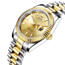 BUREI Men's Wrist Watches,Luxury Stainless Steels Waterproof Watches for Men,Gifts for Men, Gold-Silver&Gold, Business Style