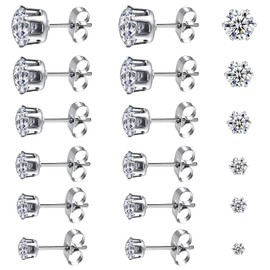 6 Pairs Diamond Men Earrings Cubic Zircon Earrings Surgical Steel Hypoallergenic Earrings for Women Titanium Steel Sparkling Diamond Earrings 3~8mm, Stainless Steel, Cubic Zirconia