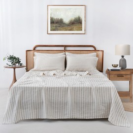 S VICTORY SYMBOL 100% Organic Linen Sheets Set,Yarn Dyed Classic Beige Striped Sheets,GOTS Certified French Natural Flax Bedding Set Queen Size,4pcs Farmhouse Bed Sheets,Moisture-Wicking