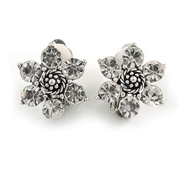 20mm D/Clear Crystal Flower Clip On Earrings in Aged Silver Tone Metal