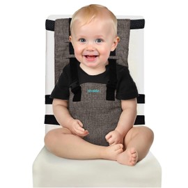 Portable Baby Travel Booster Seat - Compact & Easy to Carry, Adjustable Baby Chair with Safety Harness, Comfortable Dining Seat for Babies 6 Months to 3 Years (Dark Grey)