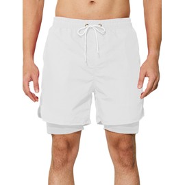 Asrlivp Mens Swim Trunks with Compression Liner Quick Dry 5 inch Inseam Beach Shorts Swimwear Board Shorts Bathing Suit(XXXL,White)