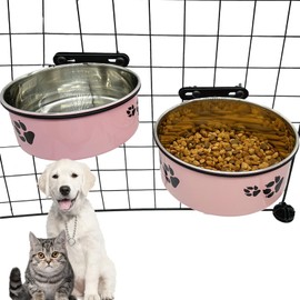 Dog Crate Food and Water Bowl 2Pcs Small Pet Hanging Kennel Removable Water Dish Feeding Cup with Holder for Medium Large Size Dog Puppy (Pink, M+L)