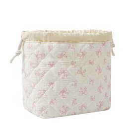 Cotton Quilted Drawstring Makeup Bag with Canvas Lining,Coquette Aesthetic Cute Travel Toiletry Bag,Drawstring Gift Bag for Women and Girls（12White Small Bow）