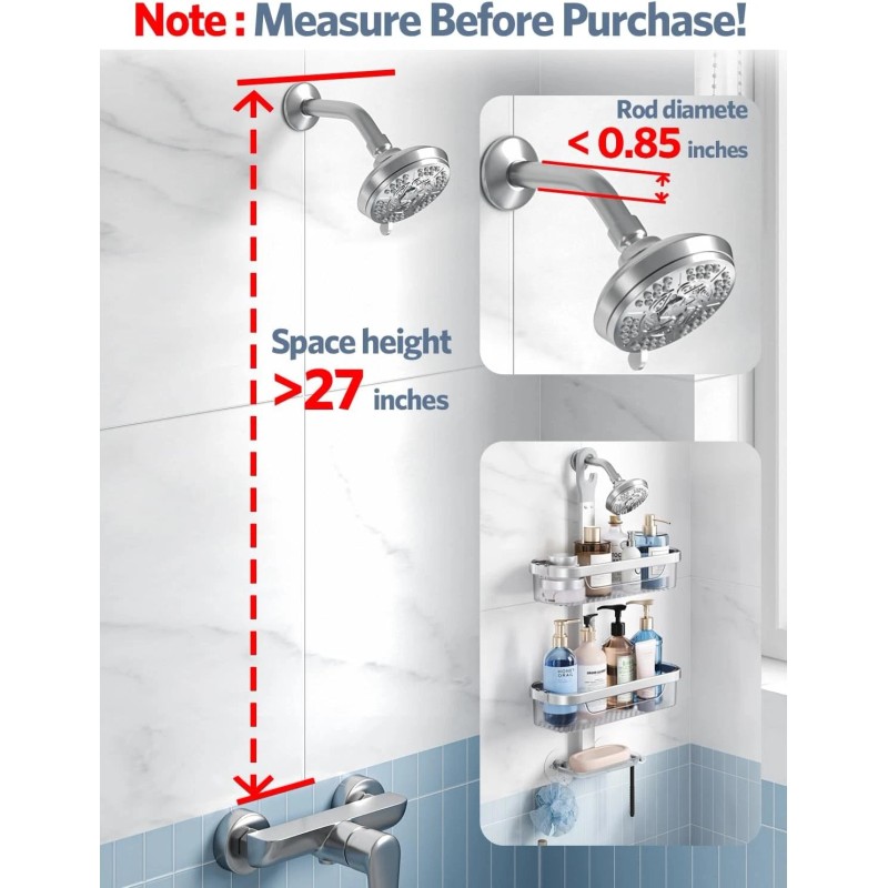 LAMU 3-Tier Hanging Shower Caddy Rustproof Organizer Over Showerhead Hooks