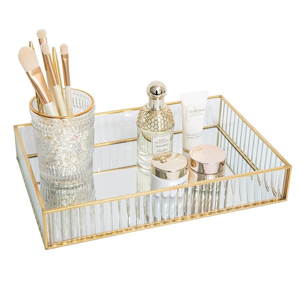 SLHEQING Vintage Mirror Tray, Gold, Decorative Tray, Glass Tray, Rectangular Organiser Tray, Cosmetic Jewellery as Dressing Table Storage