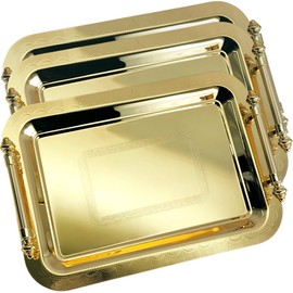 Maro Megastore (Pack of 3) 14.2 inch x 10.2 inch Oblong Iron Gold Plated Mirror Serving Tray with Handles Floral Engraved Decorative Party Birthday Dessert Wine Decor Platter Plate Base Dish NC-250