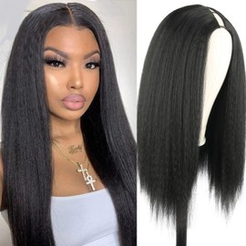 SCENTW Kinky Straight V Part Wig Synthetic Hair wigs for Black Women No Leave Out No Glue Upgrade U Part Wig Glueless Full Head Natural Black V Part Clip in Half Wig U Part Wig Updated Version