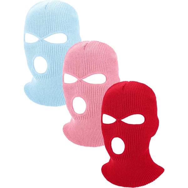 3 Pieces 3 Holes Knitted Full Face Cover Ski Mask Winter Knit Balaclava Outdoor Sports Thermal Ski Cover for Men Women (Light Blue, Pink, Bright Red, Adult Size)