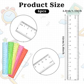Pack of 6 Plastic Ruler, Colourful Transparent Ruler, 15 cm Ruler, Precision Measuring Tool with Metric and Inch Scale for Home, School, Office (Red, Yellow, Blue, Green, White, Rose Red)