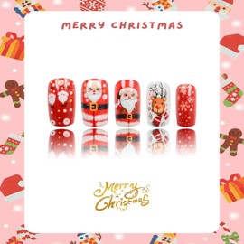 Christmas Press on Nails Medium Square Winter Tip Fake Nails White Snowflake Red False Nails with Designs Santa Claus & Reindeer Heart Glossy Glue on Nails Xmas Acrylic Nails for Women Girls 24 Pcs