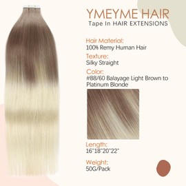 YMEYME Tape in Hair Extensions Human Hair Invisible Reusable Seamless Skin Weft Remy Tape Hair Extensions 20Pcs 50g #B8/60 Balayage Light Brown to Platinum Blonde 22inch