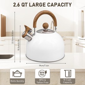 Whistling Tea Kettle for Stovetop, 2.5L Stainless Steel Tea Pot Kettles with Foldable Handle, Water Kettle Rapid Boiling Teapot for Home Kitchen Supplies (White)